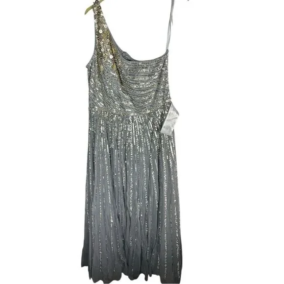 Mac Duggal Dress 16 Silver One Shoulder‎ Embellished Sequin Beaded Maxi Gown NWT - Picture 4 of 15